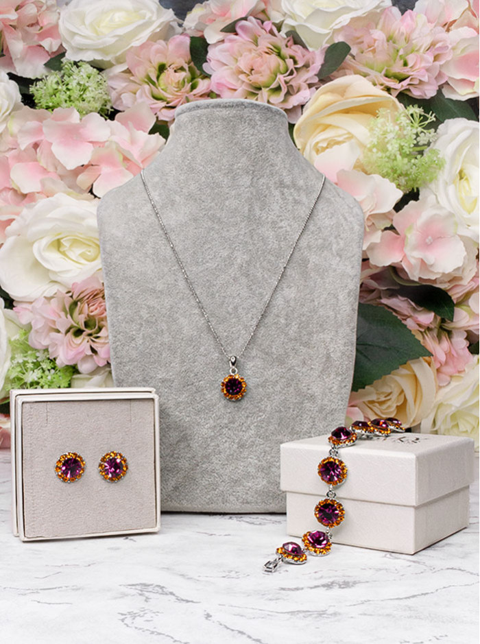 Halo Crystal Jewellery Set - Orange / Fuchsia 